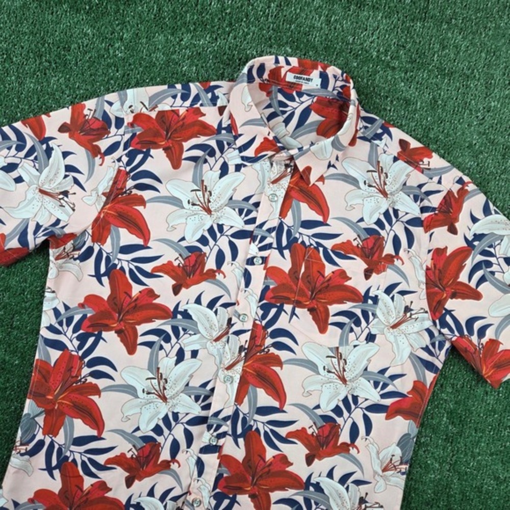 Coofandy Mens Short Sleeve Button‎ Down Shirt Floral Tropical Lily Peach Red M
